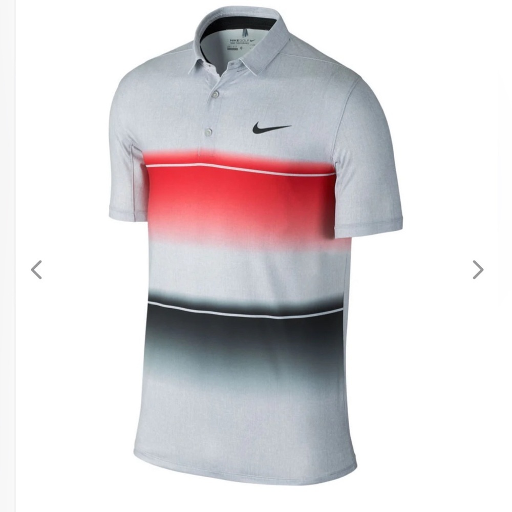 NIKE Golf Dri-Fit Sz L Gray Red Ombre Color Block Stripes Polo Shirt
